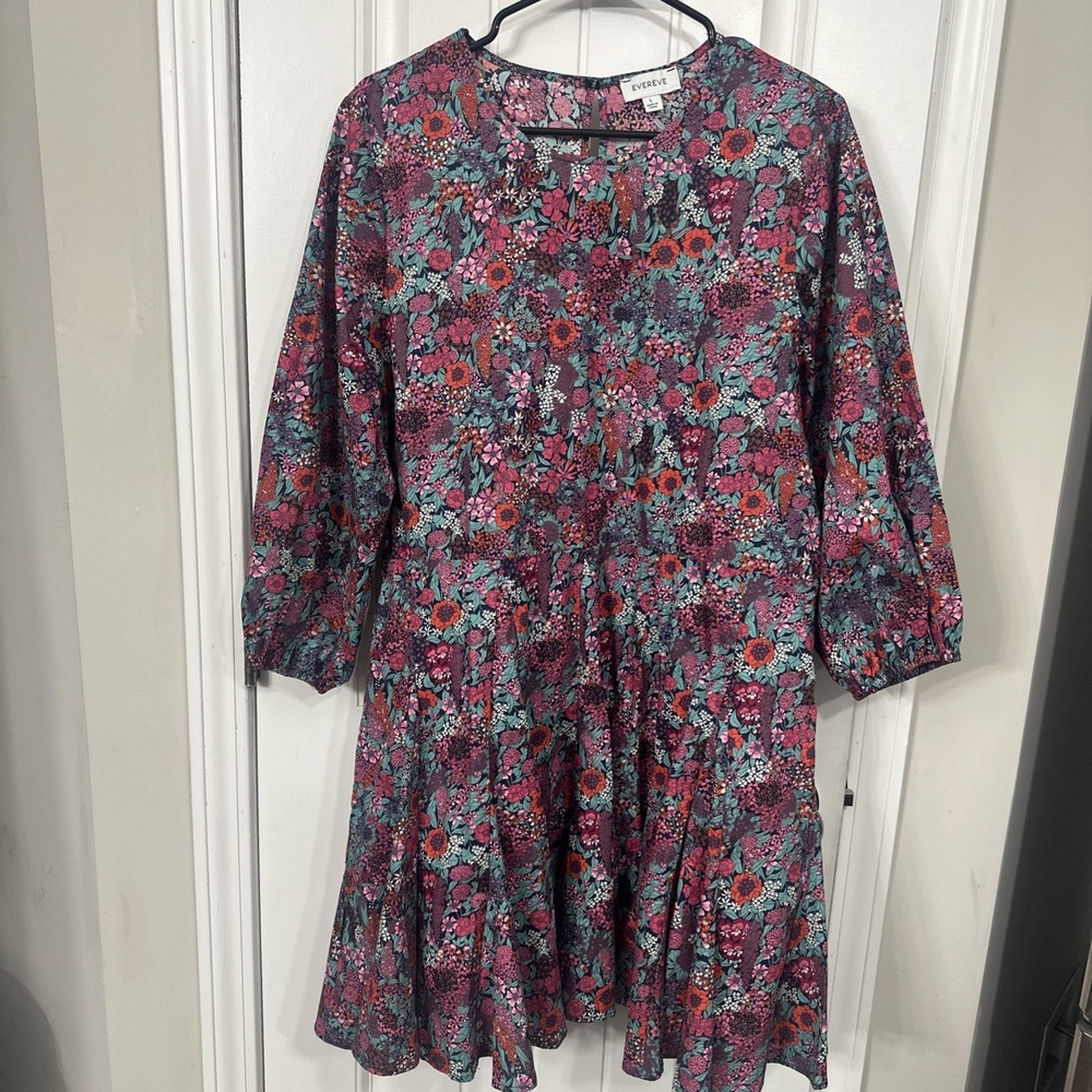 Evereve Sutton Cotton Tie Waist Floral Mini Dress Large Puff Sleeve Teal Pink